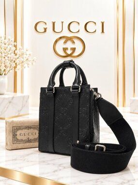 Authentic Gucci Black GG Embossed Leather Tote Crossbody Bag Web Strap